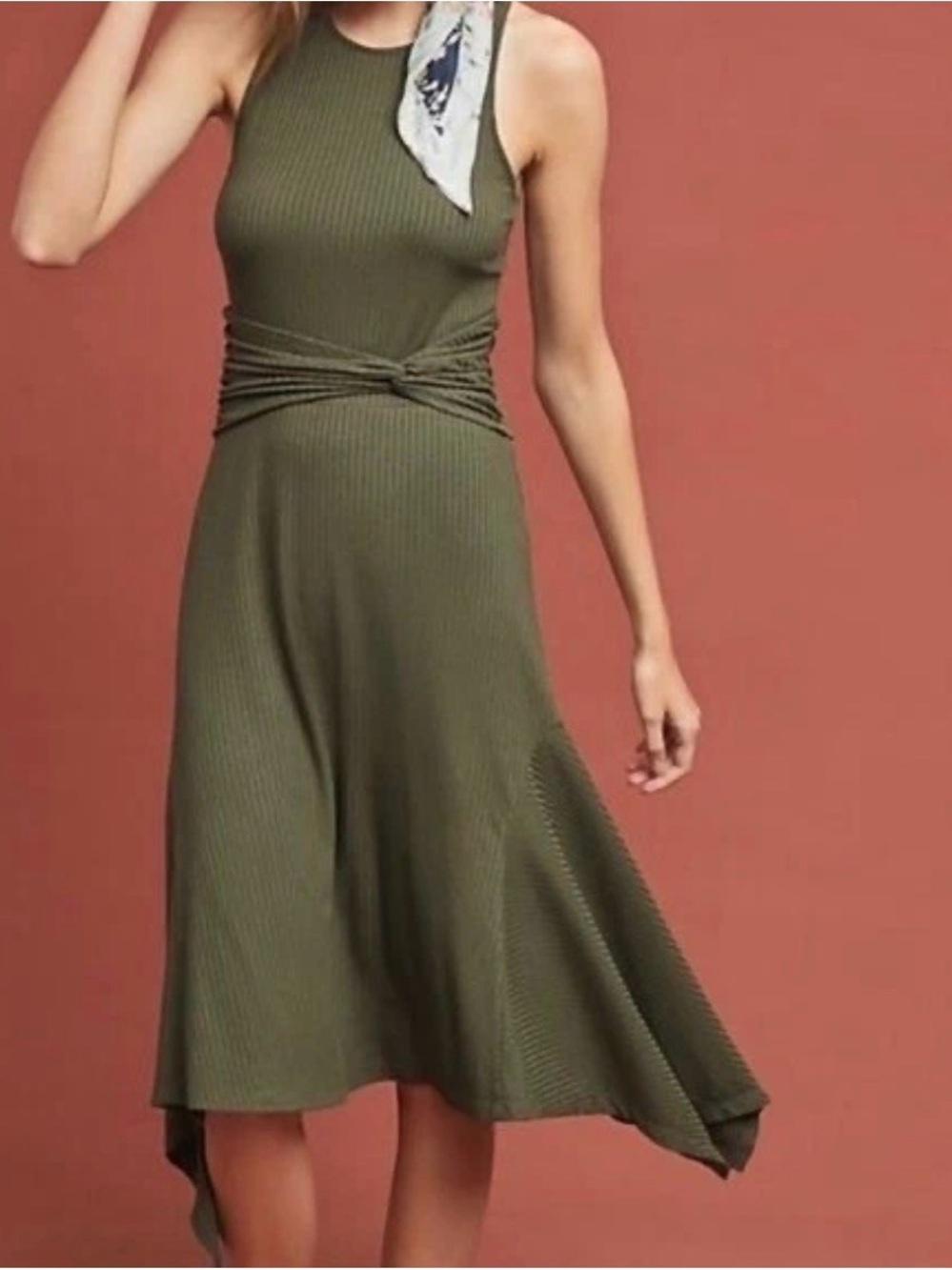 Anthropologie Moss Green Kingsolver Handkerchief Dress Womens Size Small Ribbed